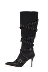 Strap Belt Pointed Toe Knee High Stiletto Boots With Buckle Details - Black