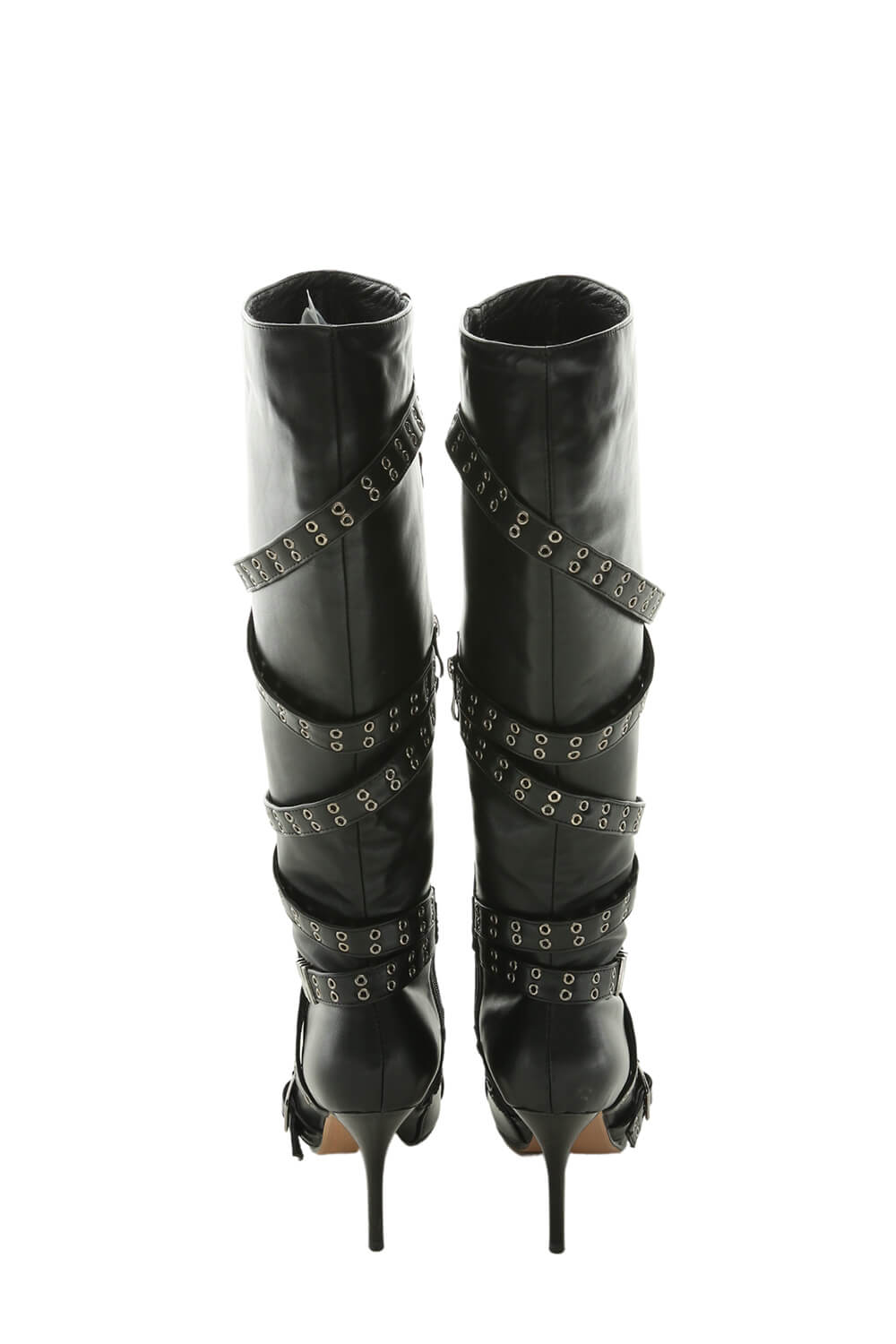 Strap Belt Pointed Toe Knee High Stiletto Boots With Buckle Details - Black