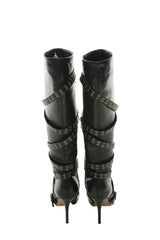 Strap Belt Pointed Toe Knee High Stiletto Boots With Buckle Details - Black