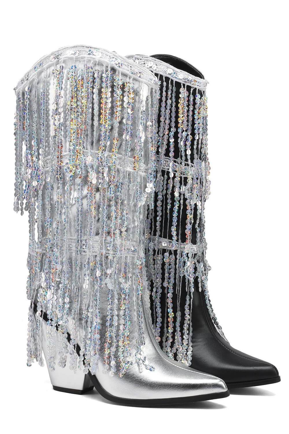 Faux Leather Sequined Fringe Western Mid-Calf Bootie - Black
