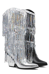 Faux Leather Sequined Fringe Western Mid-Calf Bootie - Black