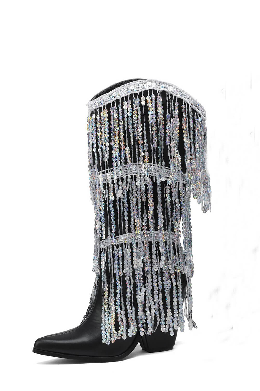 Faux Leather Sequined Fringe Western Mid-Calf Bootie - Black