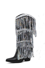Faux Leather Sequined Fringe Western Mid-Calf Bootie - Black