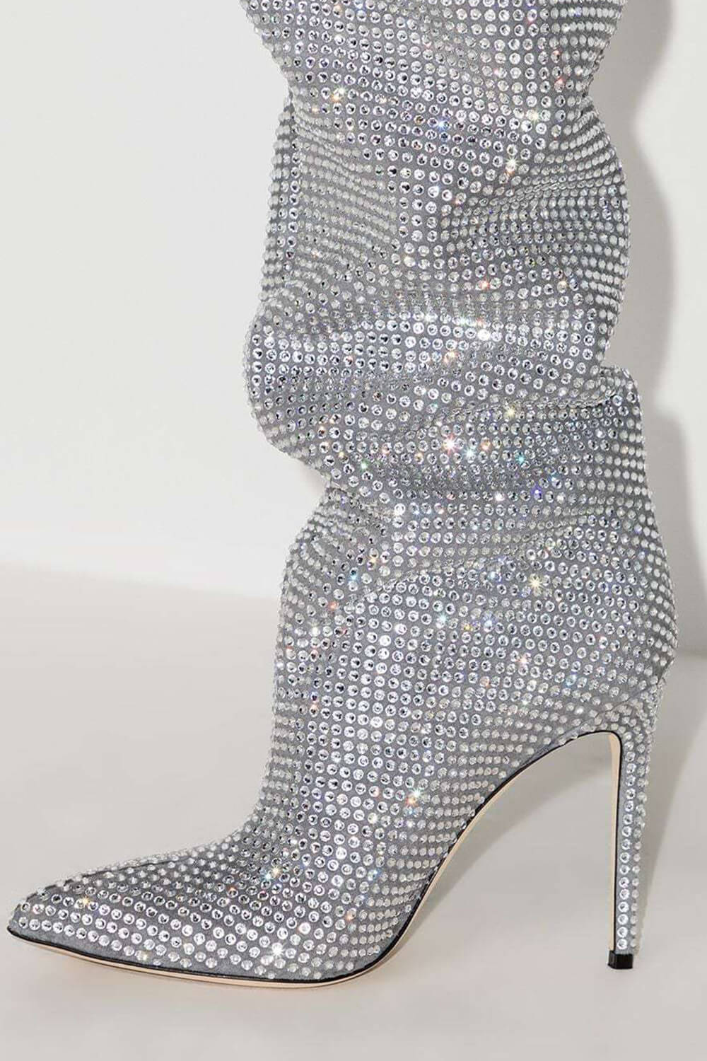 Crystal-Embellished Point Toe Over The Knee Slouch Stiletto Heeled Boots - Silver