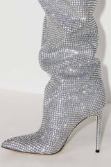 Crystal-Embellished Point Toe Over The Knee Slouch Stiletto Heeled Boots - Silver
