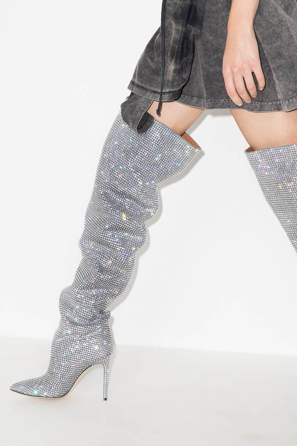 Crystal-Embellished Point Toe Over The Knee Slouch Stiletto Heeled Boots - Silver