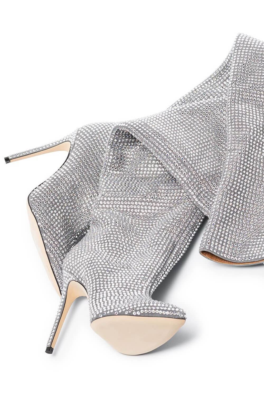 Crystal-Embellished Point Toe Over The Knee Slouch Stiletto Heeled Boots - Silver