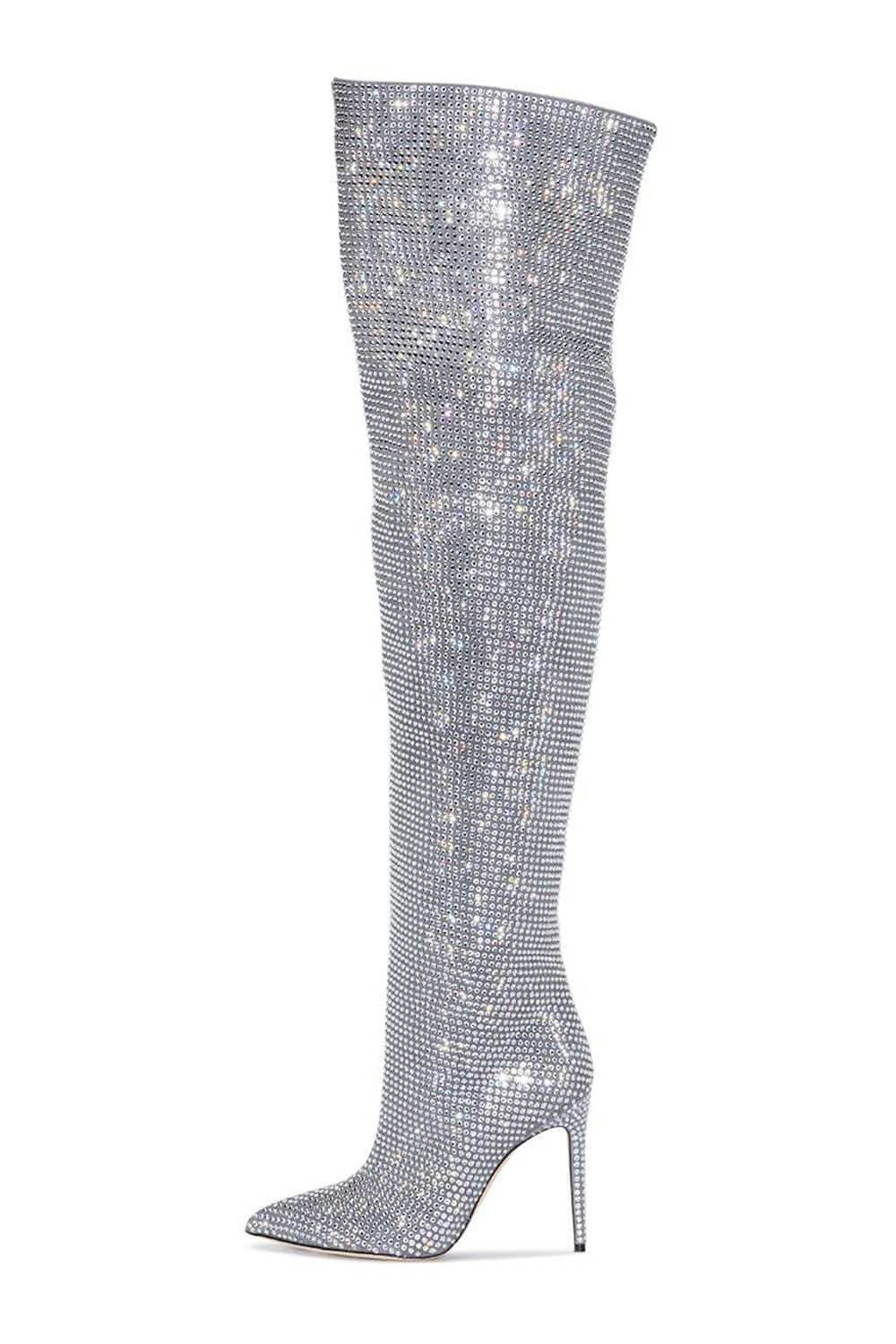 Crystal-Embellished Point Toe Over The Knee Slouch Stiletto Heeled Boots - Silver