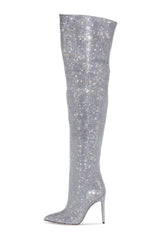 Crystal-Embellished Point Toe Over The Knee Slouch Stiletto Heeled Boots - Silver