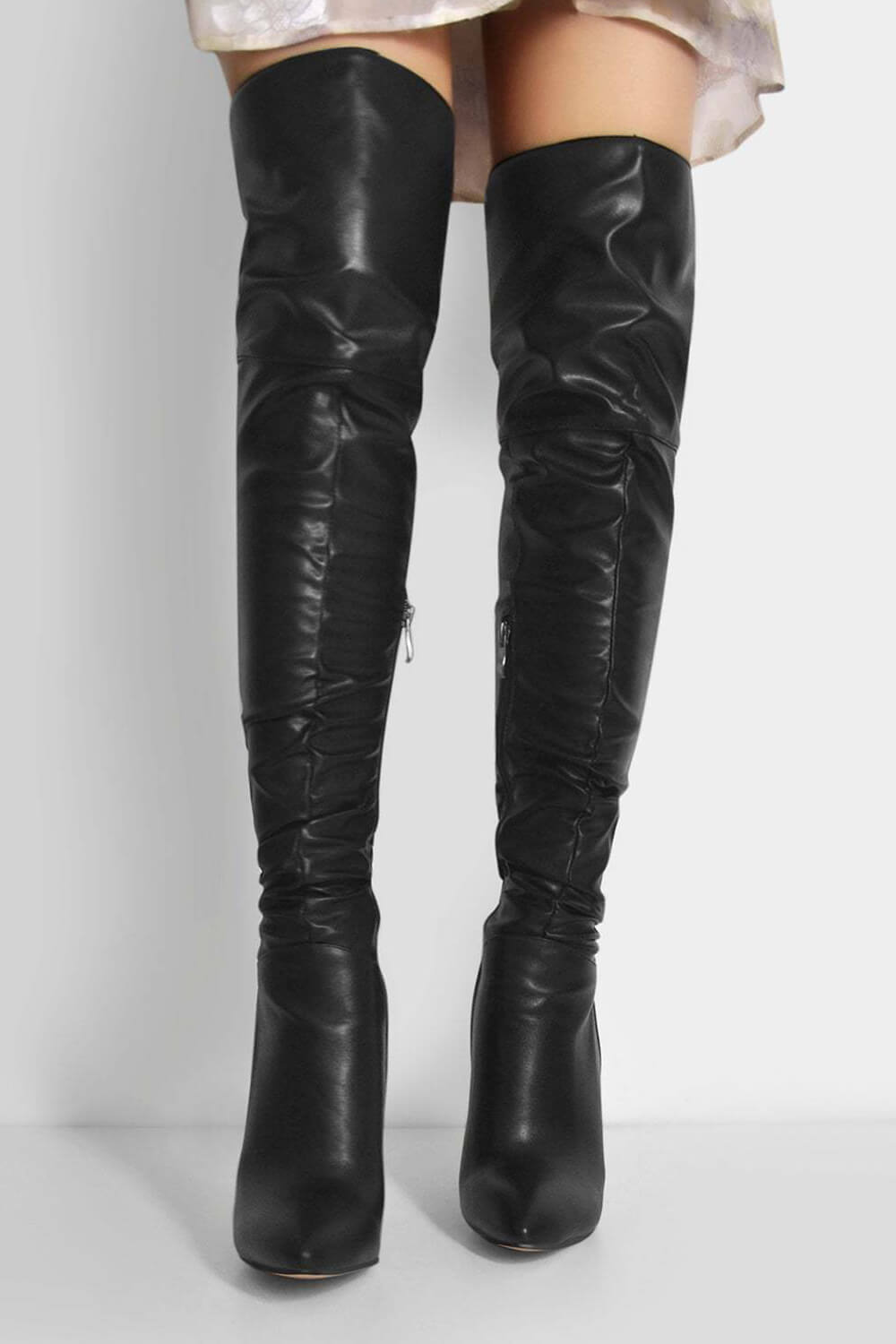 Faux Leather Ruched Point Toe Stiletto Thigh High Boots