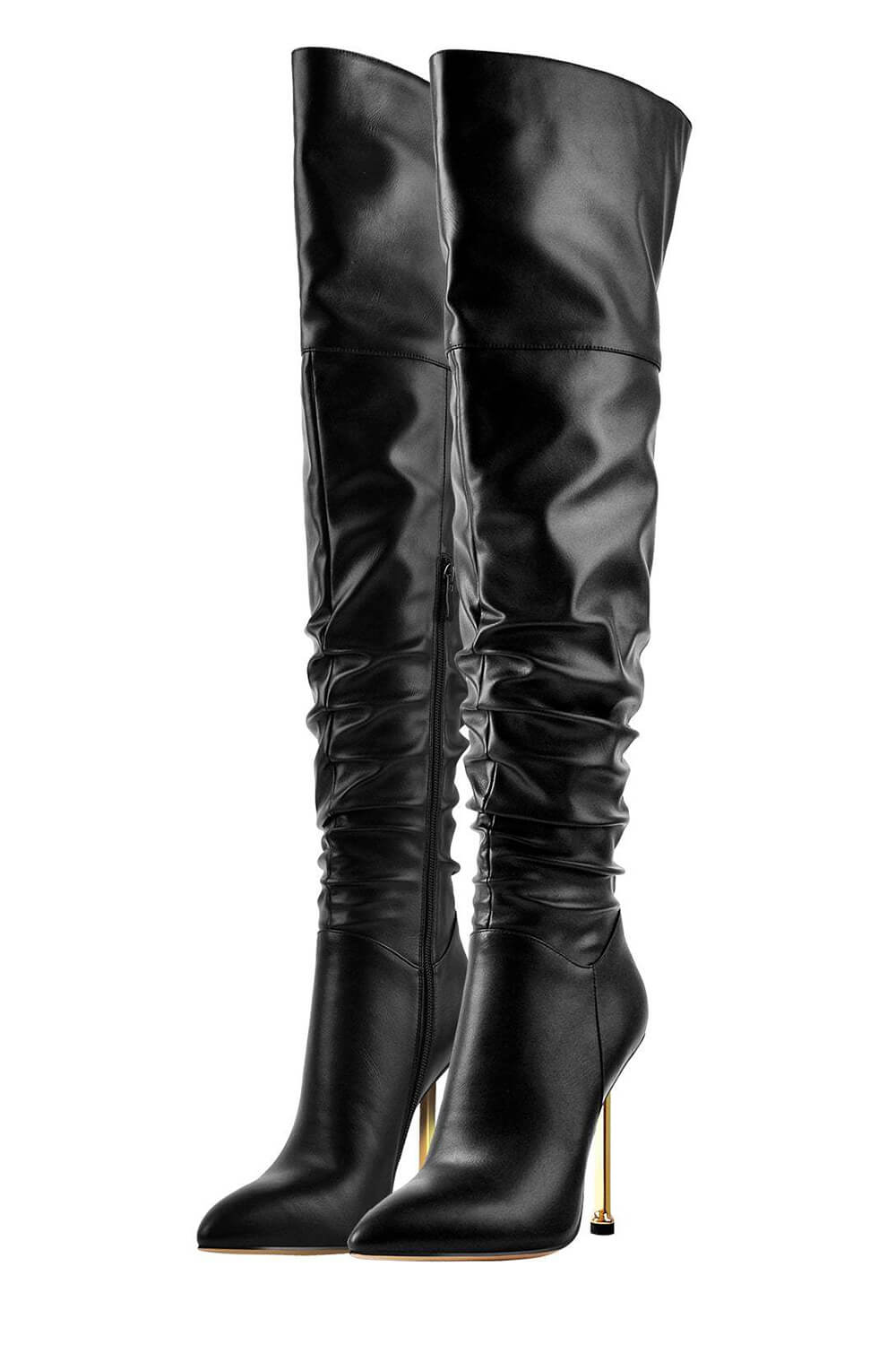 Faux Leather Ruched Point Toe Stiletto Thigh High Boots