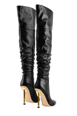 Faux Leather Ruched Point Toe Stiletto Thigh High Boots