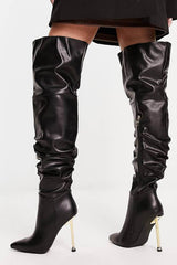 Faux Leather Ruched Point Toe Stiletto Thigh High Boots