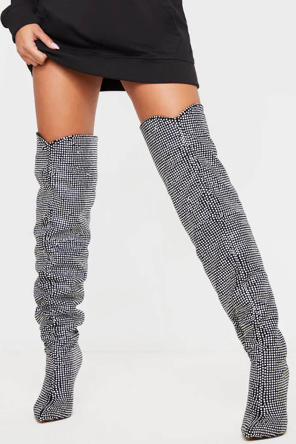 Diamante Rhinestone-Embellished Point Toe Over The Knee Slouch Stiletto Heeled Boots - Silver