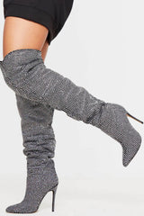 Diamante Rhinestone-Embellished Point Toe Over The Knee Slouch Stiletto Heeled Boots - Silver