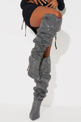 Diamante Rhinestone-Embellished Point Toe Over The Knee Slouch Stiletto Heeled Boots - Silver