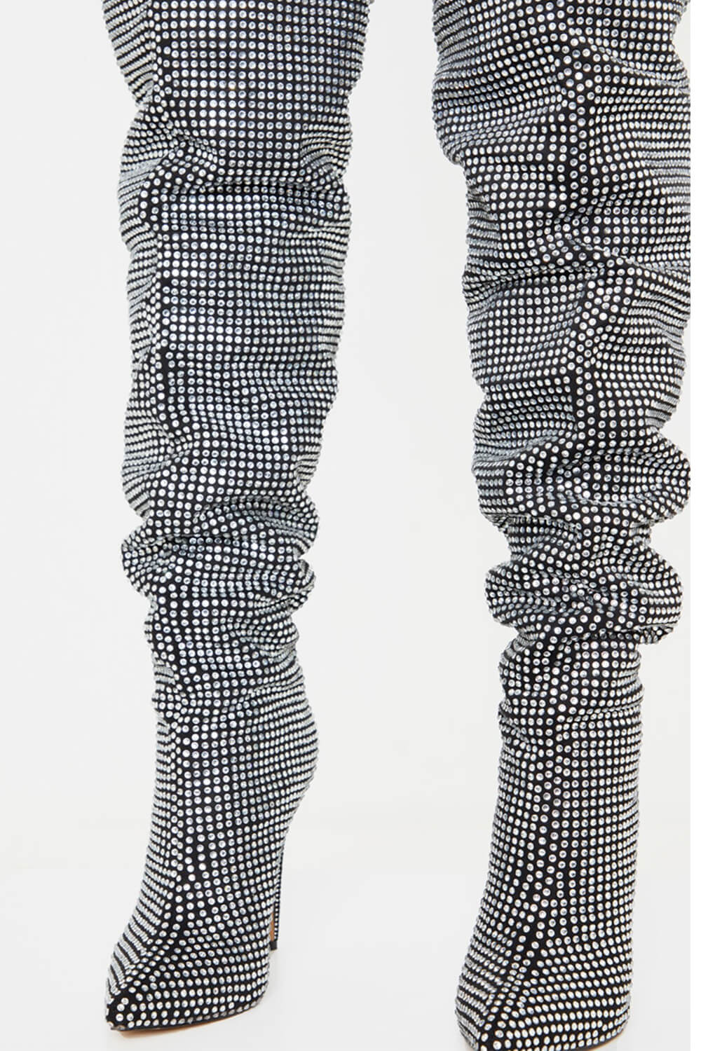 Diamante Rhinestone-Embellished Point Toe Over The Knee Slouch Stiletto Heeled Boots - Silver