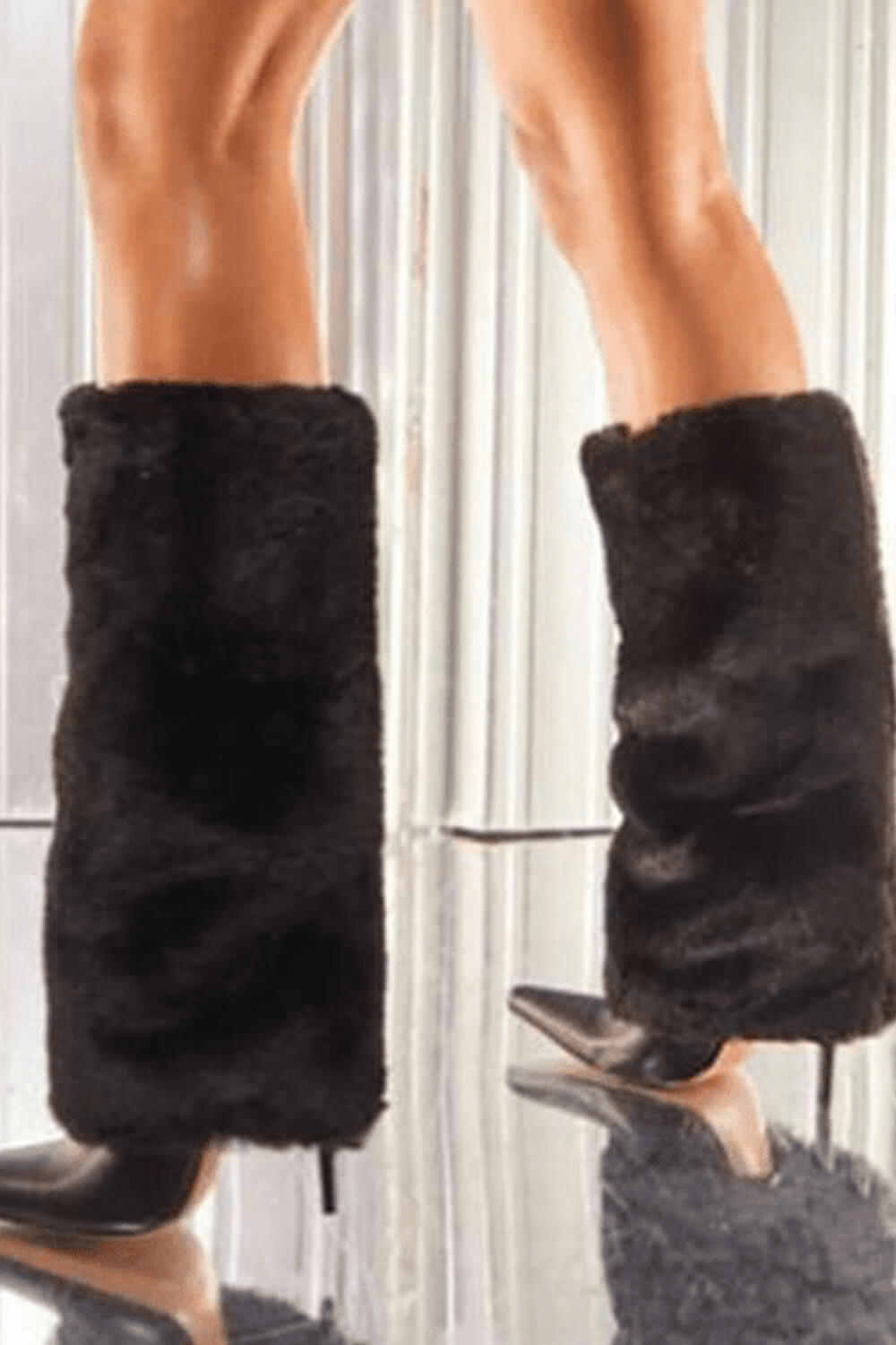 Fur Fold Over Knee High Stiletto Heeled Pointed Boots - Black