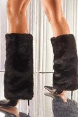 Fur Fold Over Knee High Stiletto Heeled Pointed Boots - Black
