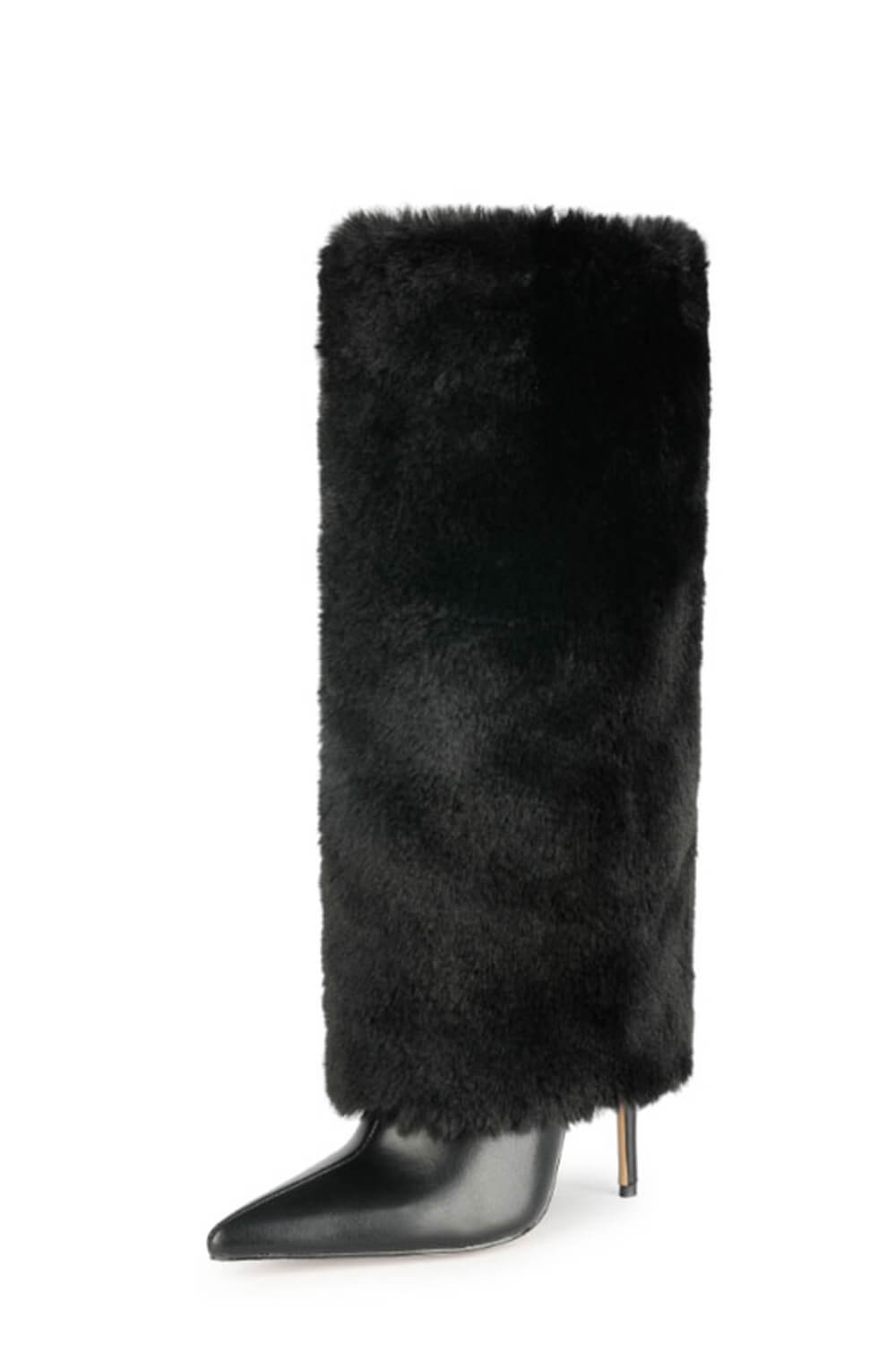 Fur Fold Over Knee High Stiletto Heeled Pointed Boots - Black