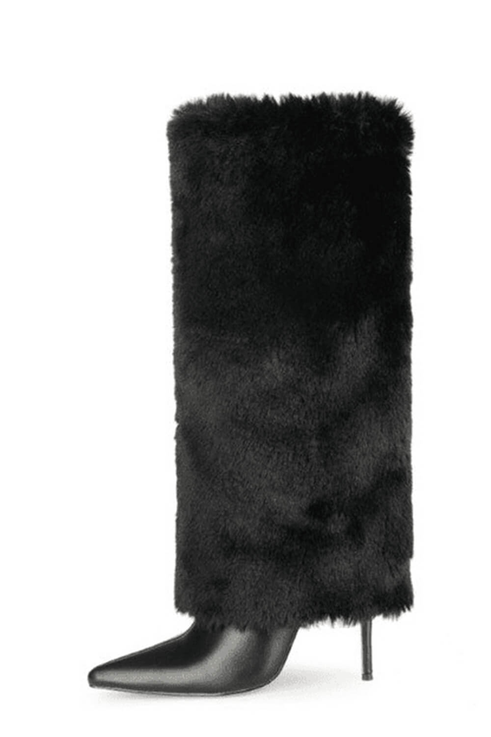 Fur Fold Over Knee High Stiletto Heeled Pointed Boots - Black