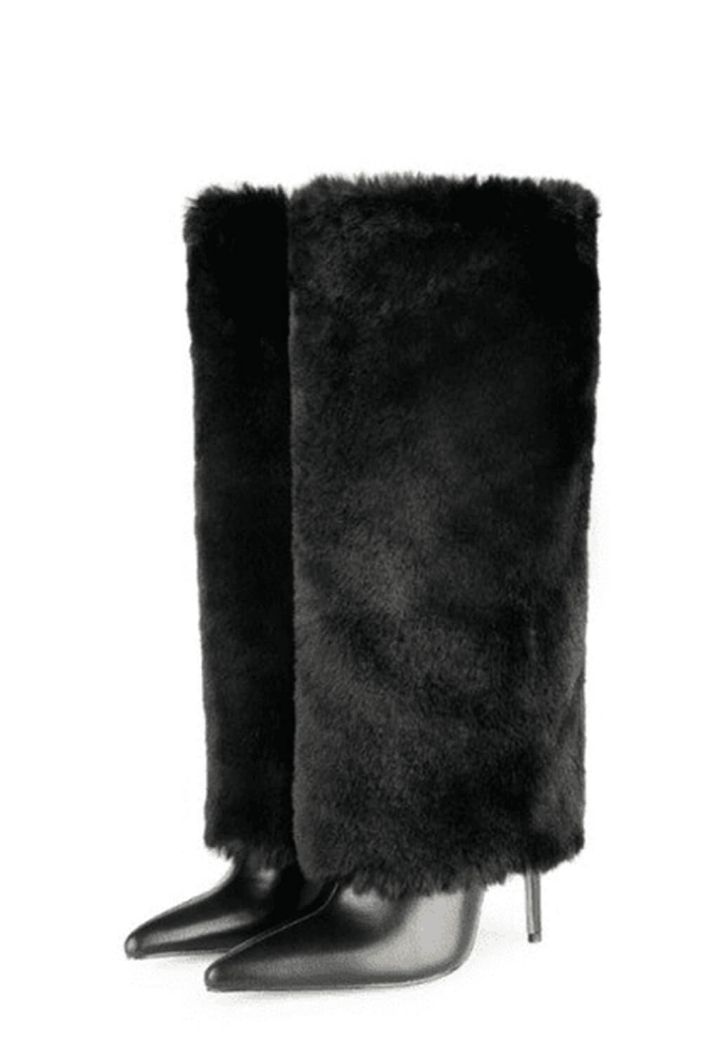 Fur Fold Over Knee High Stiletto Heeled Pointed Boots - Black