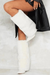 Fur Fold Over Knee High Stiletto Heeled Pointed Boots - White
