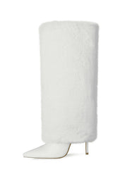 Fur Fold Over Knee High Stiletto Heeled Pointed Boots - White