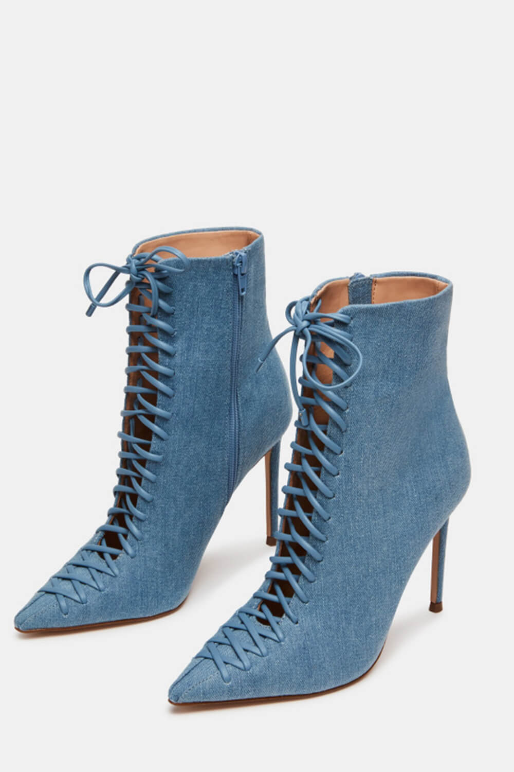 Denim Lace Up Point Ankle Stiletto Boots