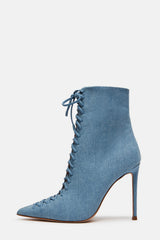 Denim Lace Up Point Ankle Stiletto Boots