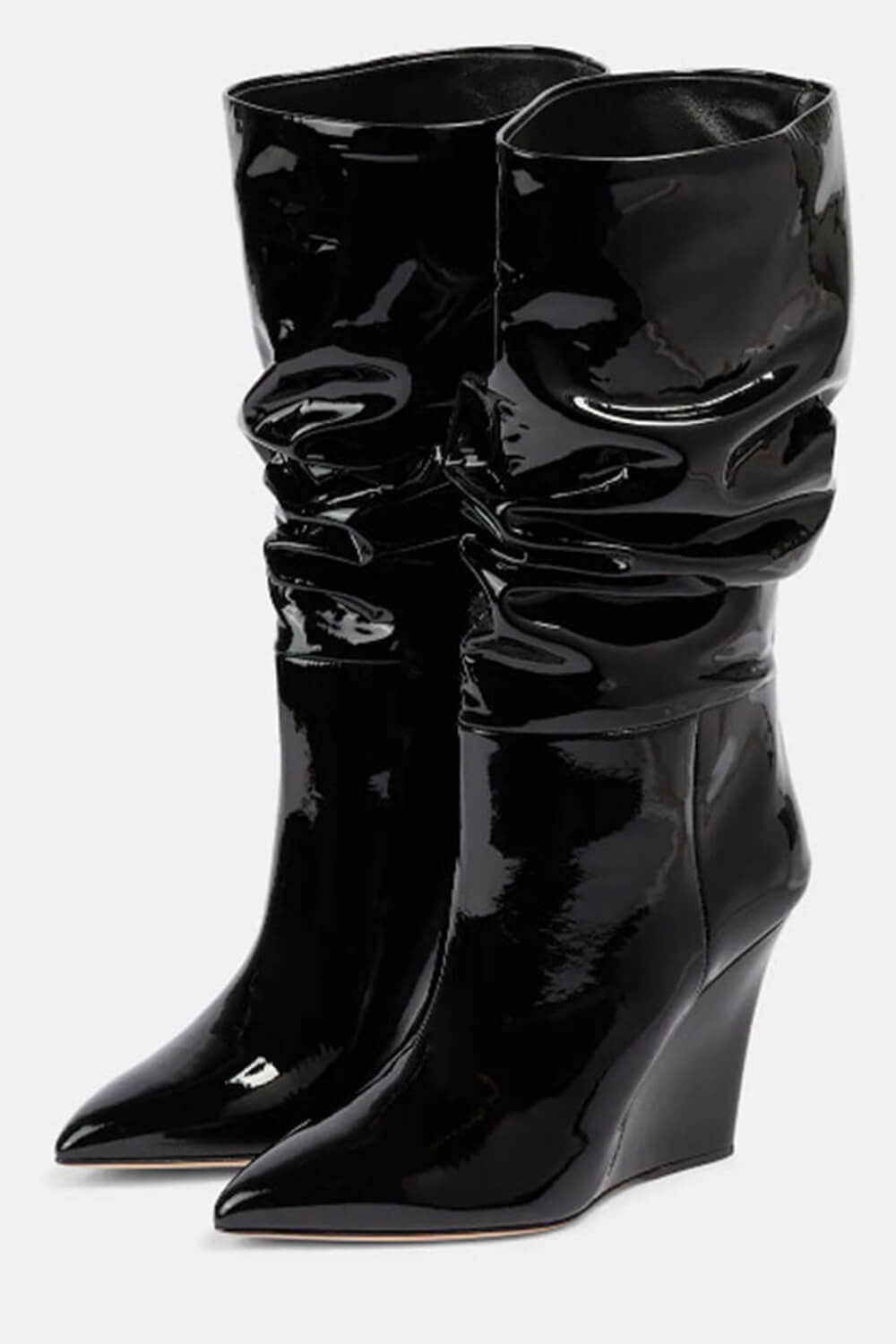 Patent Ruched-Detail Pointed Toe Mid-Calf Wedge Boots