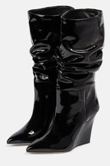 Patent Ruched-Detail Pointed Toe Mid-Calf Wedge Boots
