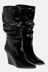 Patent Ruched-Detail Pointed Toe Mid-Calf Wedge Boots