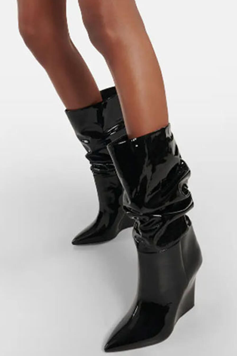 Patent Ruched-Detail Pointed Toe Mid-Calf Wedge Boots