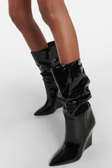 Patent Ruched-Detail Pointed Toe Mid-Calf Wedge Boots