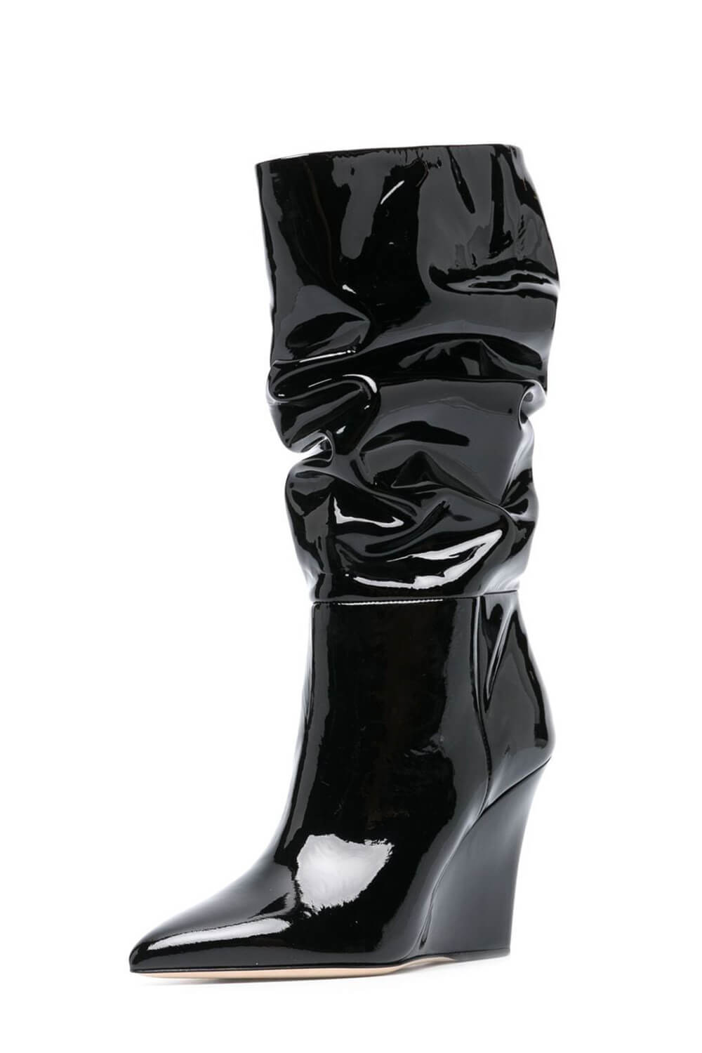 Patent Ruched-Detail Pointed Toe Mid-Calf Wedge Boots