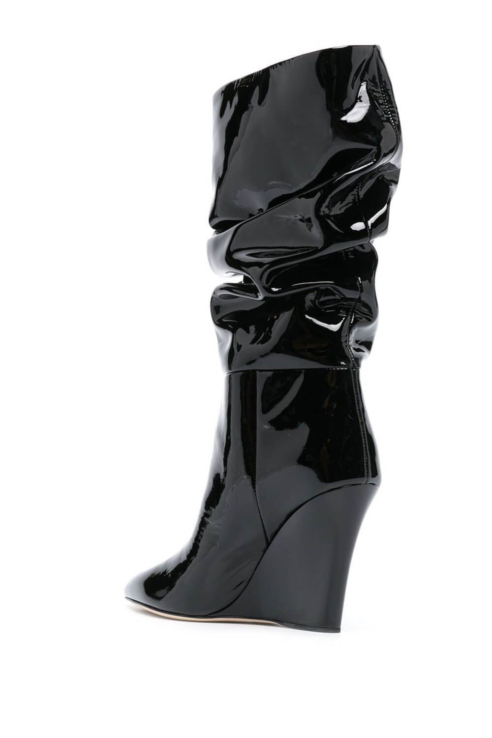 Patent Ruched-Detail Pointed Toe Mid-Calf Wedge Boots