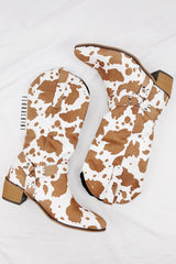 Cow Buckle Strap Detail Mid-Calf Western Boots - Brown
