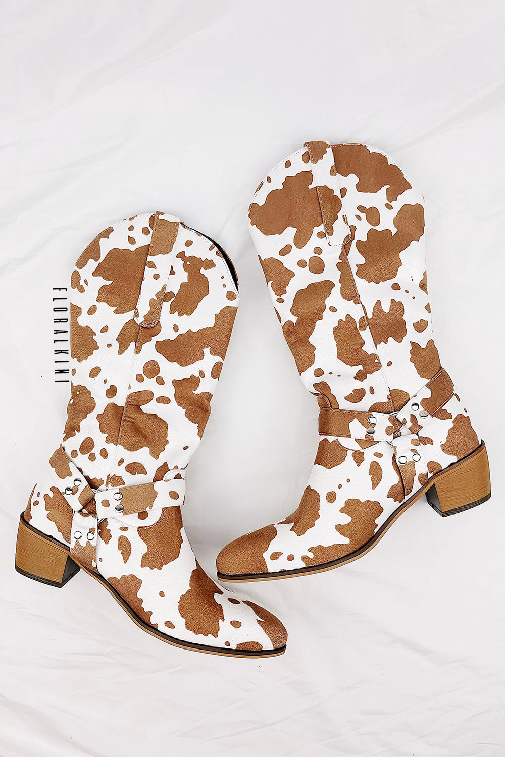 Cow Buckle Strap Detail Mid-Calf Western Boots - Brown