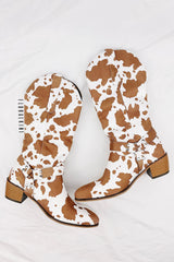 Cow Buckle Strap Detail Mid-Calf Western Boots - Brown
