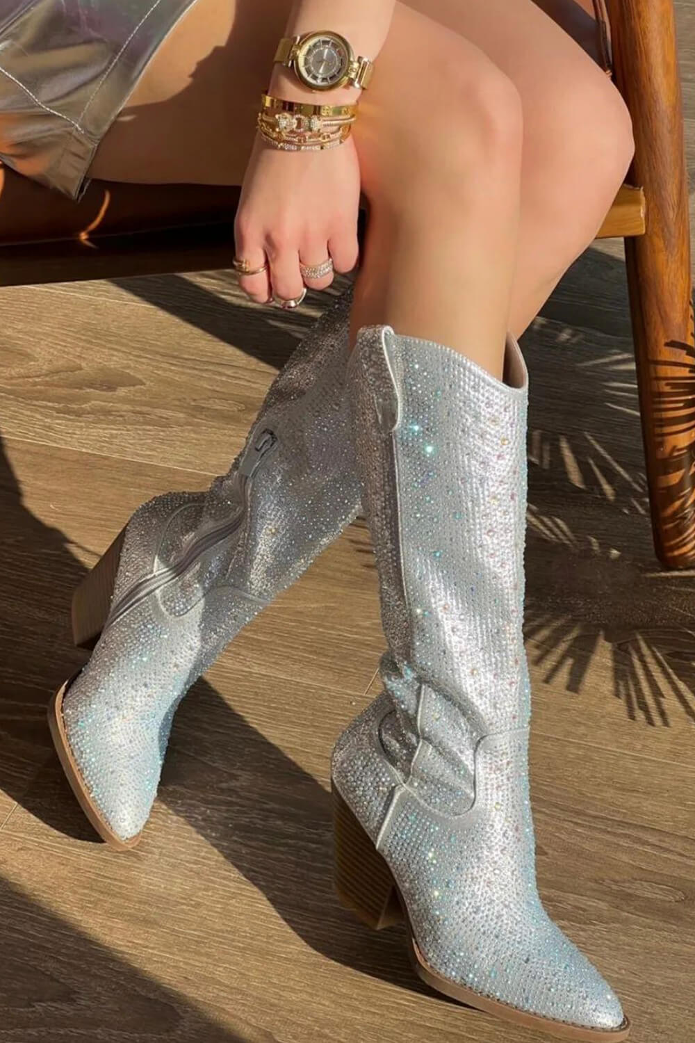 Rhinestones Embellished Western Cowboy Mid-Calf Pointed Toe Block Heeled Boots - Silver