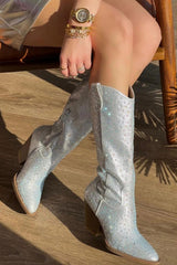 Rhinestones Embellished Western Cowboy Mid-Calf Pointed Toe Block Heeled Boots - Silver