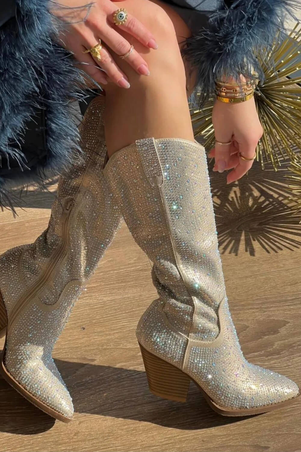 Rhinestones Embellished Western Cowboy Mid-Calf Pointed Toe Block Heeled Boots - Nude