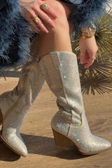 Rhinestones Embellished Western Cowboy Mid-Calf Pointed Toe Block Heeled Boots - Nude