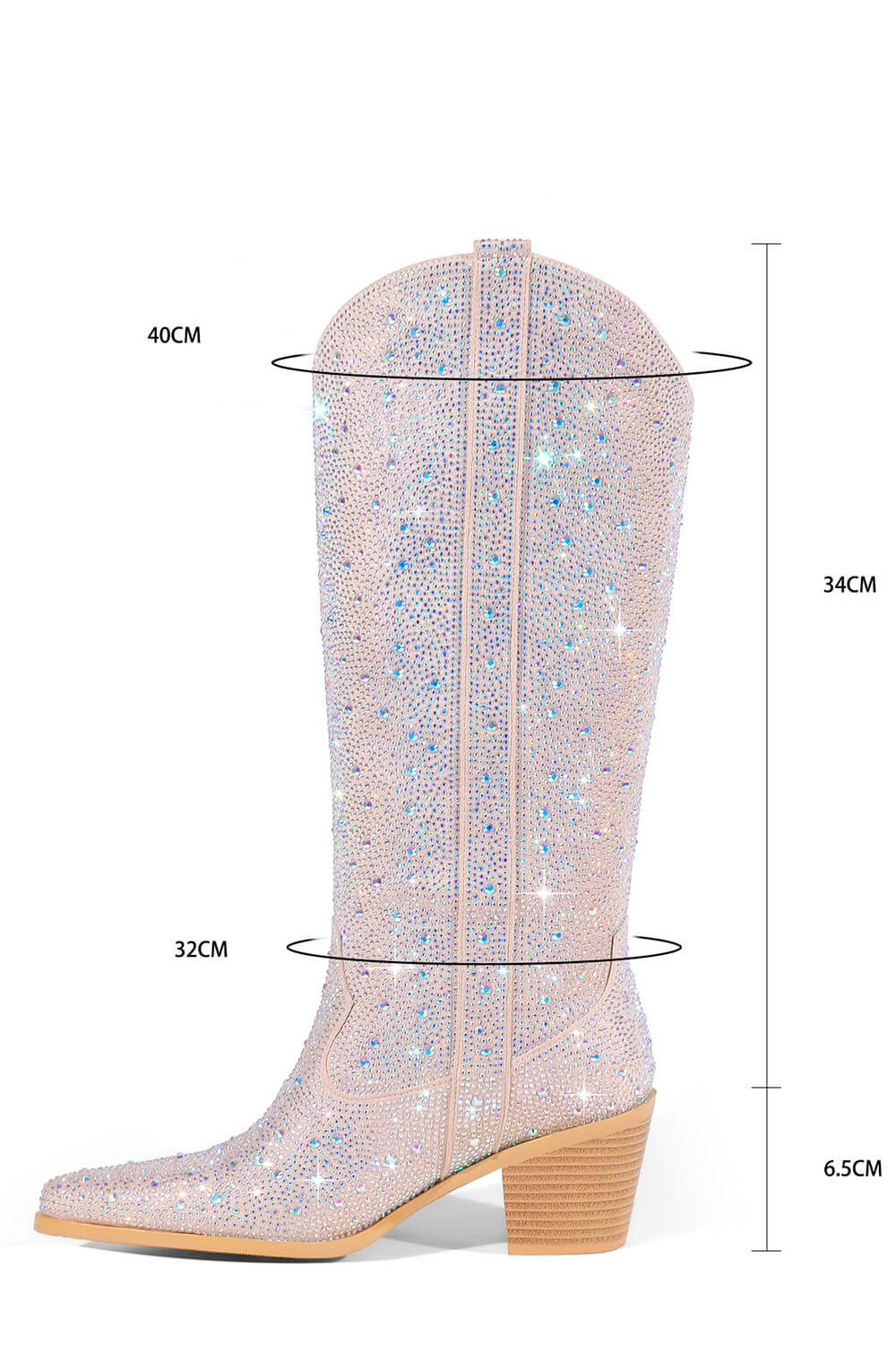 Rhinestones Embellished Western Cowboy Mid-Calf Pointed Toe Block Heeled Boots - Nude