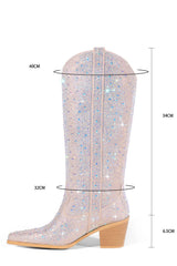 Rhinestones Embellished Western Cowboy Mid-Calf Pointed Toe Block Heeled Boots - Nude