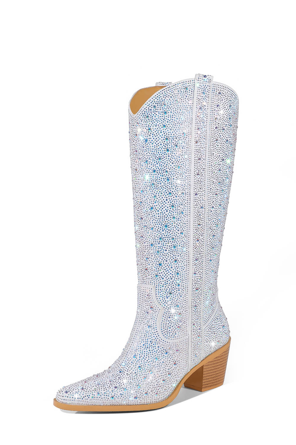 Rhinestones Embellished Western Cowboy Mid-Calf Pointed Toe Block Heeled Boots - White