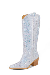 Rhinestones Embellished Western Cowboy Mid-Calf Pointed Toe Block Heeled Boots - White
