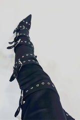 Multi Buckle Pointed Toe Thigh High Stiletto Heel Boots - Black