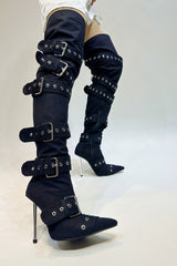 Multi Buckle Pointed Toe Thigh High Stiletto Heel Boots - Black